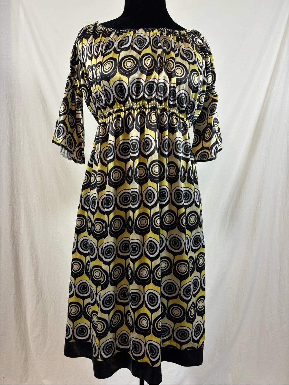 Retro Mod Geometric Satin Midi Dress Bell Sleeve Y2K Disco Groovy 70s S M